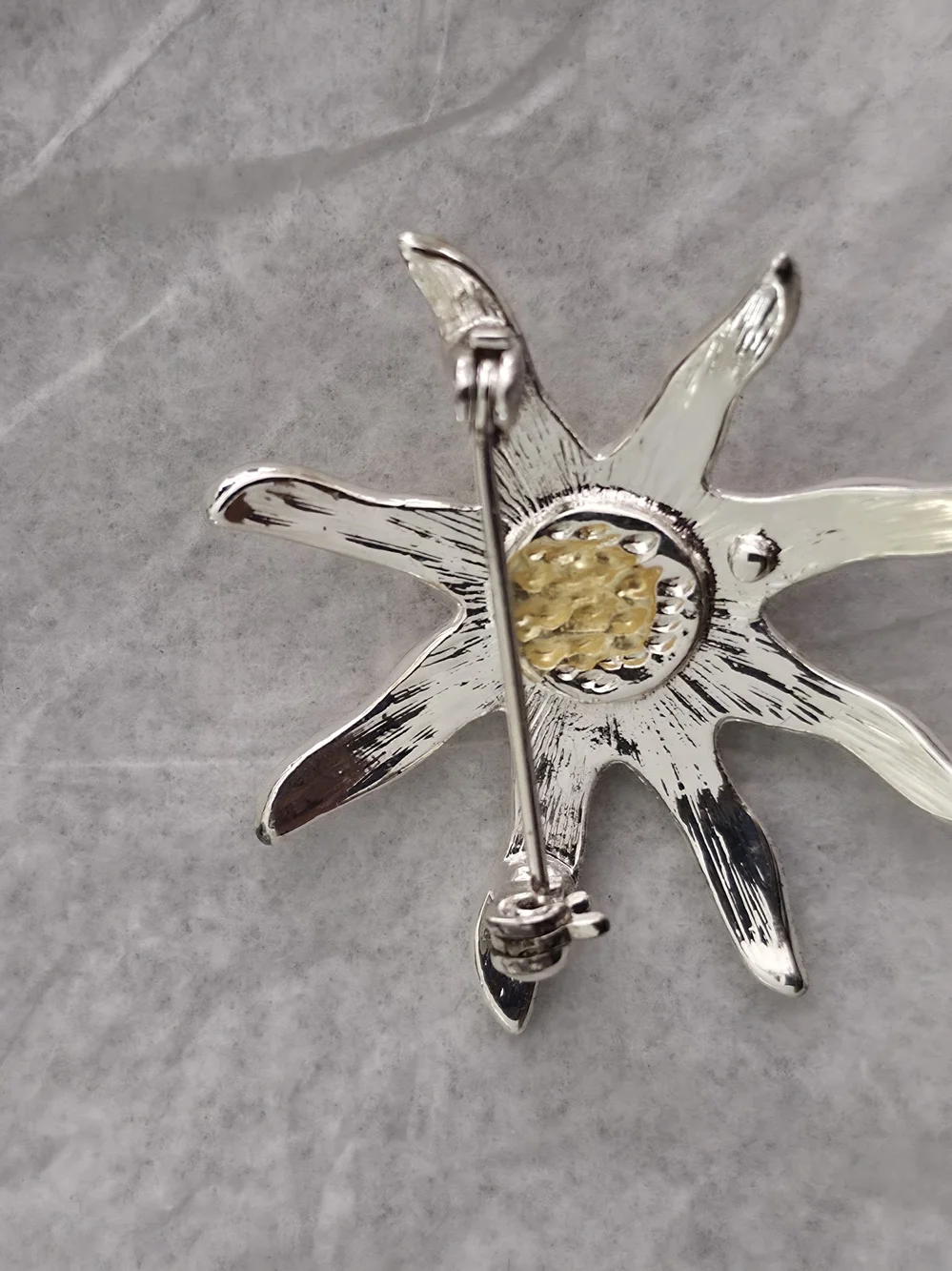 Vintage Sunburst Metal Brooch in Silver and Gold